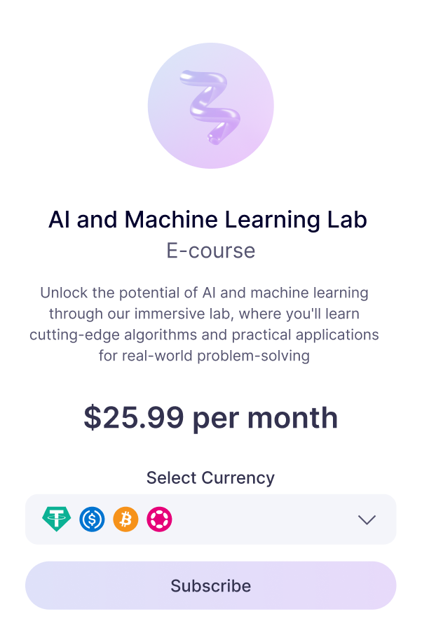 Radom Crypto Checkout Subscription UI: Showcasing an AI Learning E-course with payment options in USDT, USDC, DOT, and BTC, 